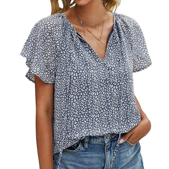 OUNAYA | Gray and White Leopard Print Top with Flutter Sleeves | Size 10/XL - Picture 1 of 10